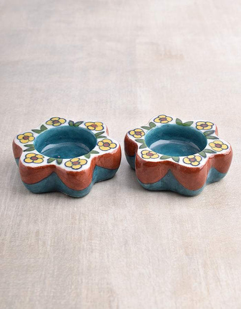 Blue Pottery T-Light Holder Set Of 2 Pcs.